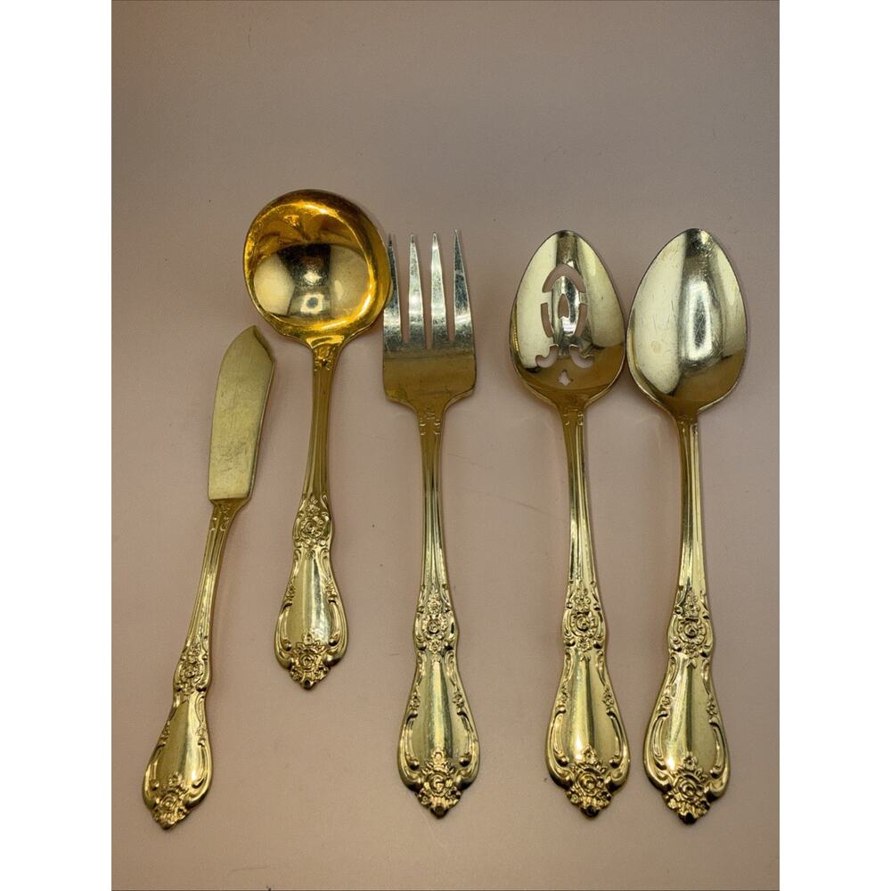 5 Piece Oneida Deluxe Serving Set Stainless Gold Tone Fork Spoons Ladle